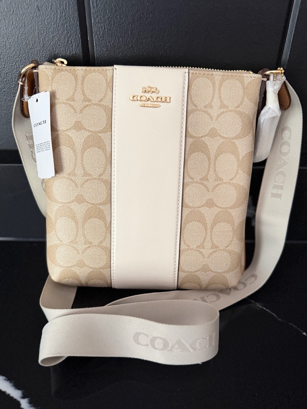 Coach Signature Stripe File Crossbody Bag Khaki Chalk